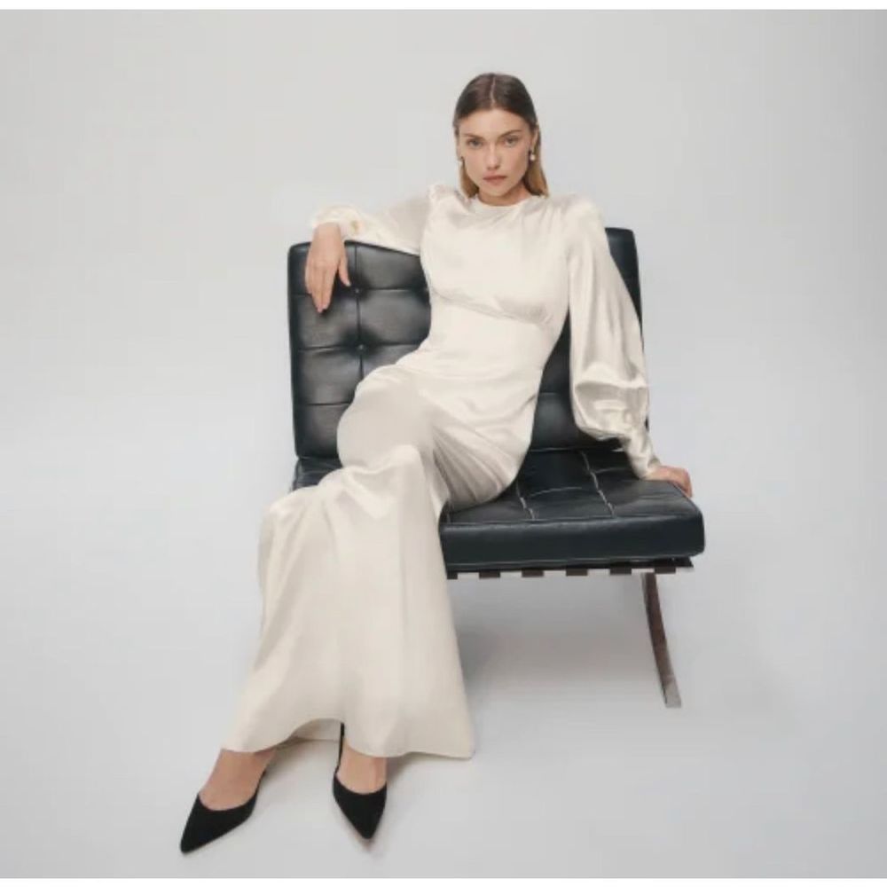 REFORMATION Briarwood Silk Dress Sz 10 White Ivory Button Maxi Gown Long Sleeve